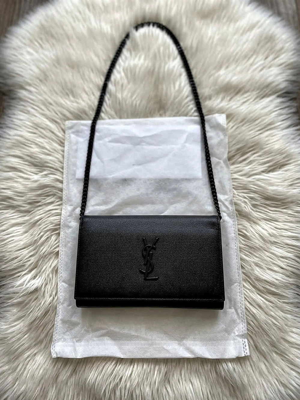 Saint Laurent Cassandre Envelope Chain Wallet in Grain de Poudre Leather Black